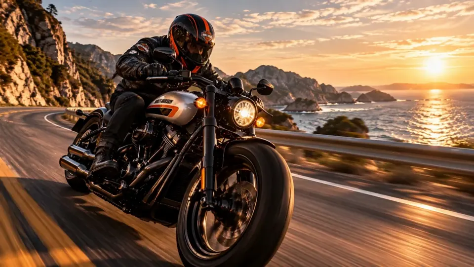 A motorcyclist rides along a coastal road at sunset.